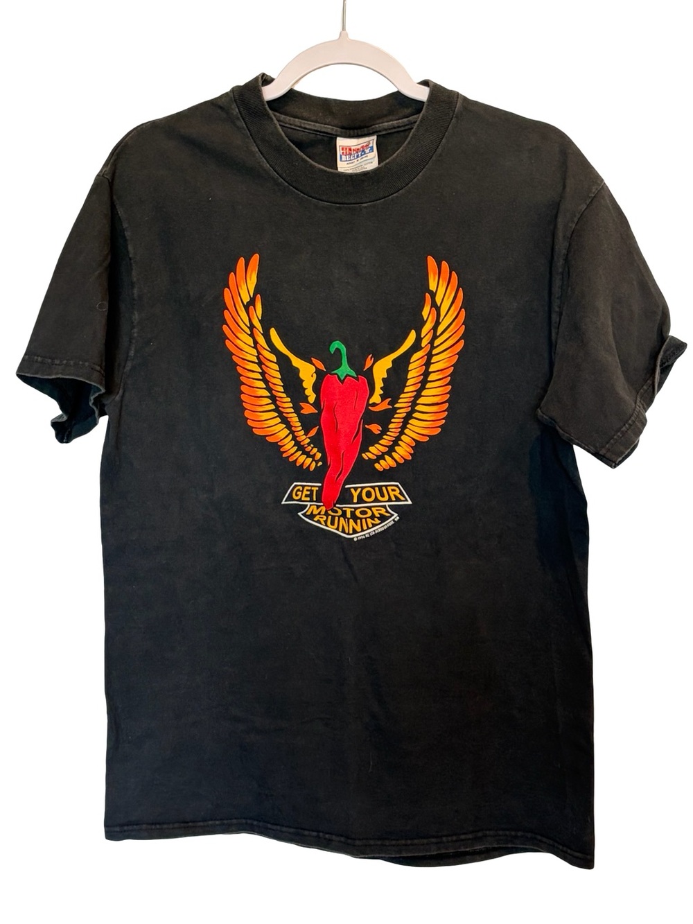 Vintage Black Tee Red Chili Pepper & Wings Get Your Motor Runnin Medium